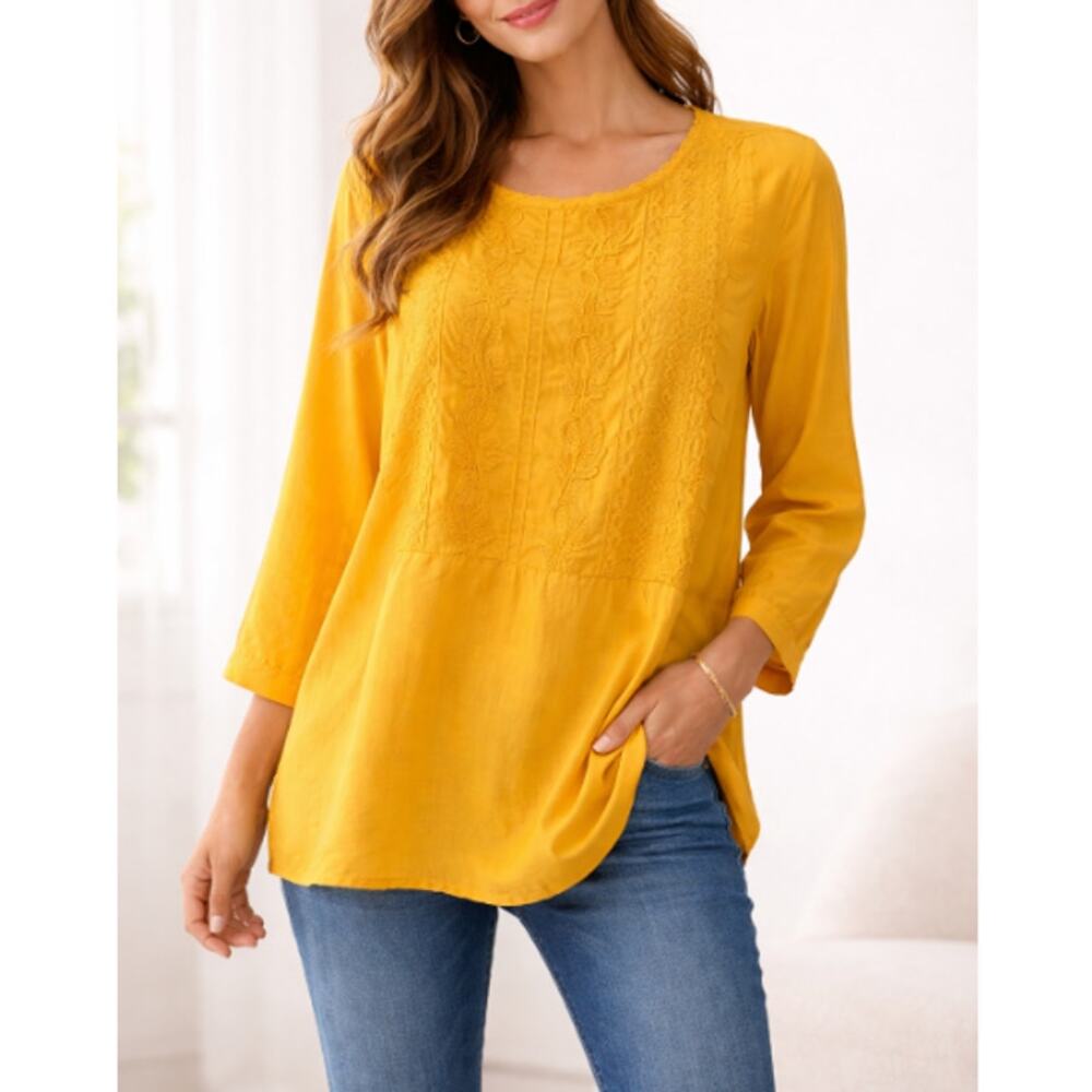 New Women's Yellow Embroidered 100% Viscose 3/4 Sleeve Tunic Top Size XL